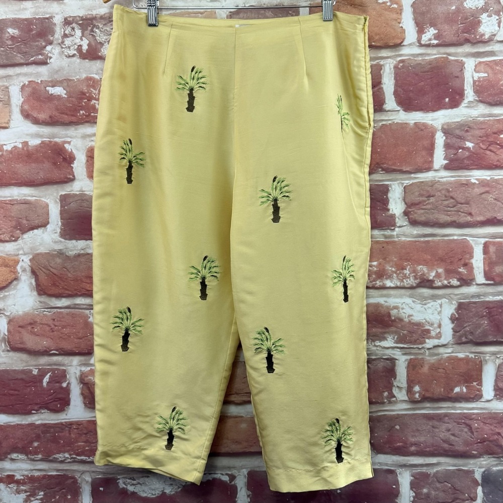 VTG SLB Cropped Pants Womens 16P Yellow Silk Tropical Palm Trees Zip Up Trousers